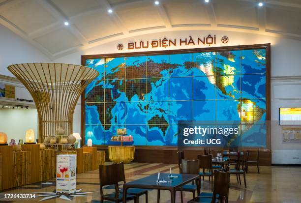 The giant illuminated world map in the main hall of Hanoi Post Office in Hoan Kiem, Hanoi, Vietnam.