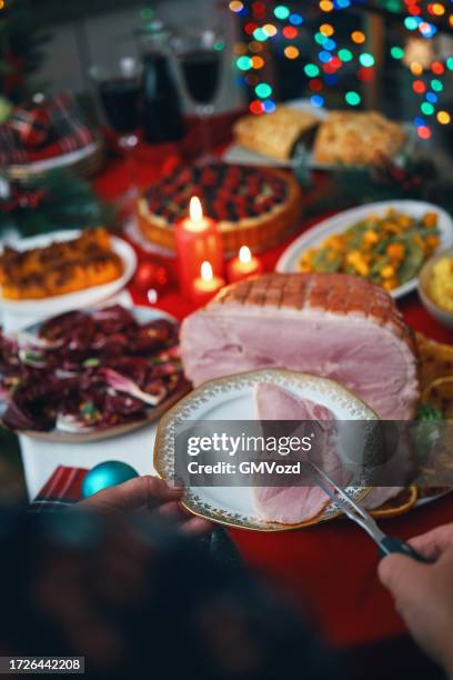 christmas dinner with baked glazed ham and various vegetables - honey ham stock pictures, royalty-free photos & images