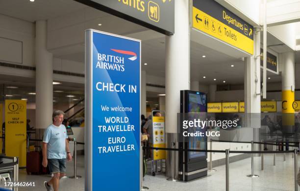 Sign for the British Airways check in area at London Gatwick Airport, South Terminal, in West Sussex, UK.