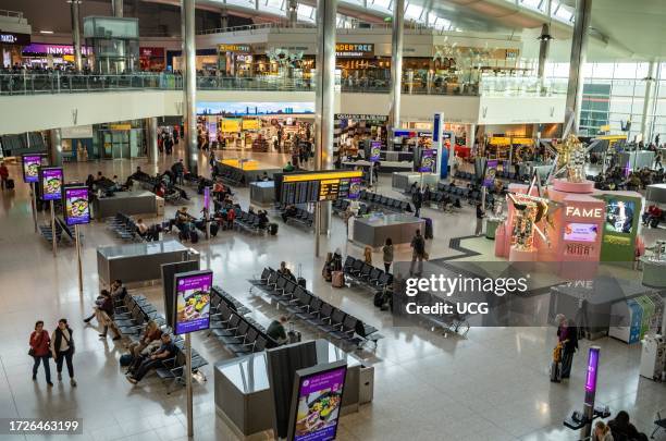 An overview of the interior of departures at London Heathrow Airport, Terminal 2.