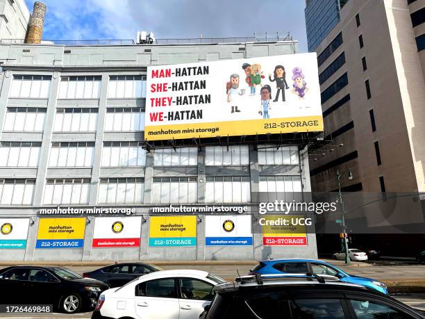 Manhattan Storage billboard near West Side Highway in New York City with LGBTQ+ reference.