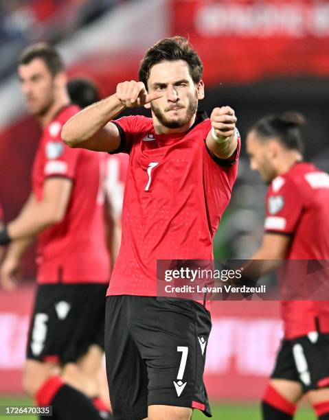 Khvicha Kvaratskhelia of Georgia celebrates his goal during the UEFA EURO 2024 European qualifier match between Georgia and Cyprus at Mikheil Meskhi...