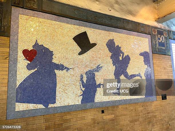 Lewis Carroll's classic book "Alice in Wonderland" depicted in mosaic art on the wall of West 50th Street subway station, number 1 train in Times...