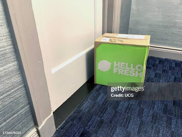 Hello Fresh meal kit food delivery arrives in box outside door in apartment building in New York City.