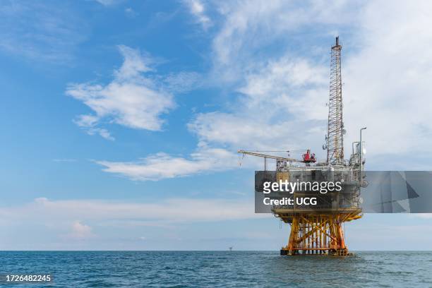 Offshore petroleum drilling rig in the Gulf of Mexico.