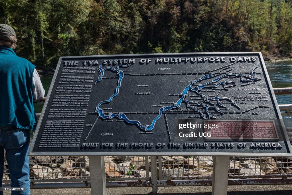 Sign highlights Fontana Dam while showing the complete Tennessee Valley Authority system of multi-purpose dams
