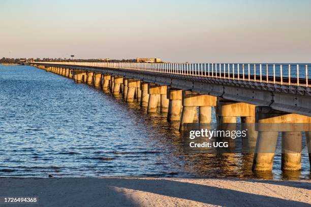 Railroad bridge across the Bay of Saint Louis, from Bay St. Louis to Pass Christian, Mississippi, USA.