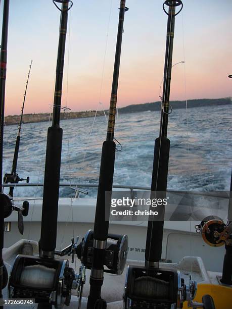 fishing rods on a boat heading out to sea - sinker stock pictures, royalty-free photos & images
