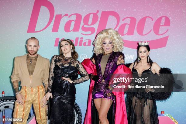 Paolo Camilli, Chiara Francini, Priscilla Drag and Paola Iezzi attend the photocall for the third season of MTv Drag Race Italy on October 09, 2023...