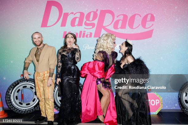 Paolo Camilli, Chiara Francini, Priscilla Drag and Paola Iezzi attend the photocall for the third season of MTv Drag Race Italy on October 09, 2023...