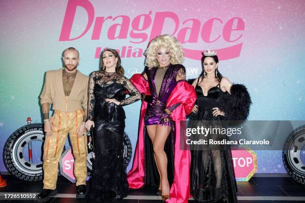 Paolo Camilli, Chiara Francini, Priscilla Drag and Paola Iezzi attend the photocall for the third season of MTv Drag Race Italy on October 09, 2023...