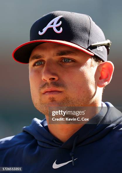 Austin Riley of the Atlanta Braves looks on during batting practice ...