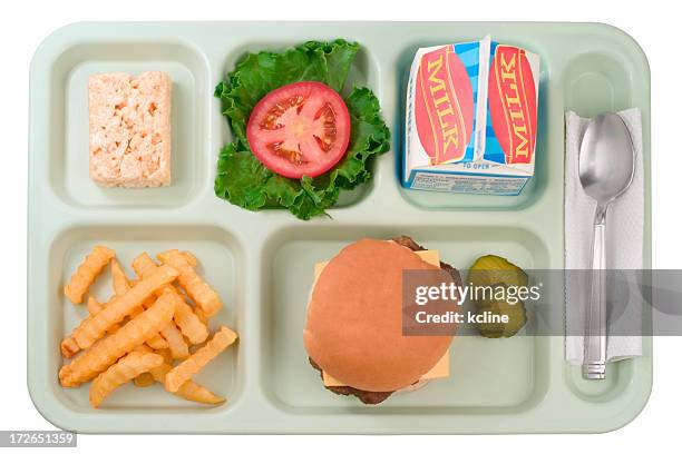 school food - cheeseburger - tray stockfoto's en -beelden