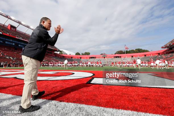 Head coach Greg Schiano of the Rutgers Scarlet Knights cheers on his team before a football game against the Wagner Seahawks at SHI Stadium on...