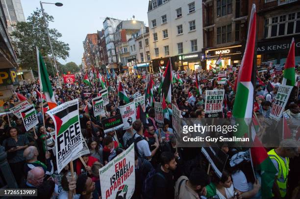 Thousands of pro Palestine protestors gather near the Israeli Embassy on October 9, 2023 in London, England. Protesters are demanding that Israel...