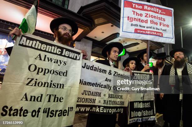 Orthodox Jews from Neturei Karta join thousands of pro Palestine protestors gathered at Israeli Embassy on October 9, 2023 in London, England....