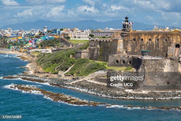Thick walls and lighthouse of the Castillo San Felipe del Morro in San Juan, Puerto Rico.