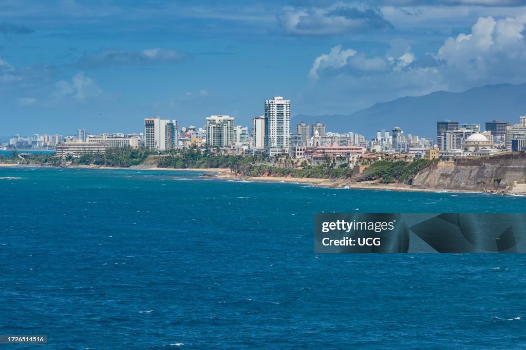 Porto Rico Ocean Scenic view of cityscape along the Atlantic Ocean coastline of San ...