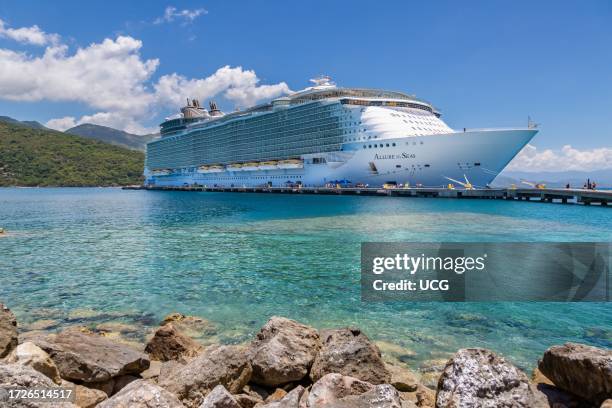 Royal Caribbean Allure of the Seas cruise ship at the pier on Royal Caribbean's private coastal peninsula of Labadee, Haiti.