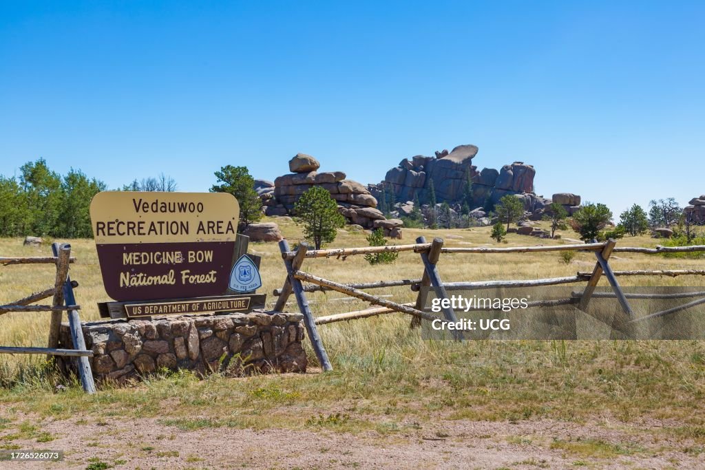 Sign near the entrance to the Vedauwoo Recreation Area of Medicine Bow National Forest in Wyoming