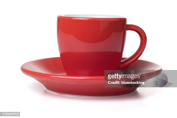 red coffee cup and saucer - coffee cup isolated stock pictures, royalty-free photos & images
