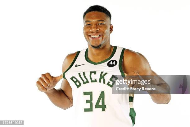 Giannis Antetokounmpo of the Milwaukee Bucks poses for portraits during media day on October 02, 2023 in Milwaukee, Wisconsin. NOTE TO USER: User...