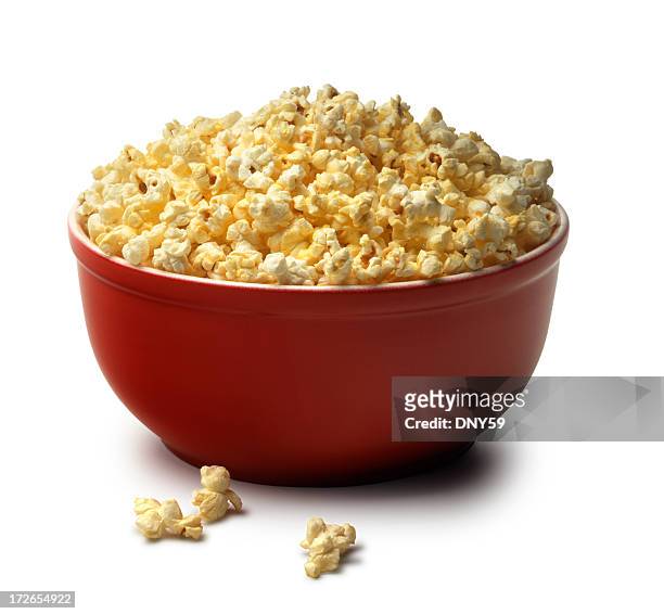 red bowl of popcorn on a white background - 爆谷 個照片及圖片檔