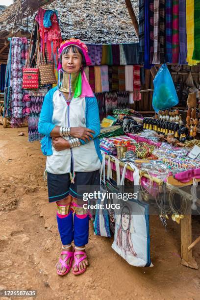 Tribal woman selling woven scarves and other crafts in the Long Neck Karen tribe area of the Union of Hill Tribe Villages outside of Chiang Rai in...