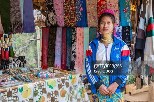 Tribal woman selling woven scarves and other crafts in the Long Neck Karen tribe area of the Union of Hill Tribe Villages outside of Chiang Rai in...