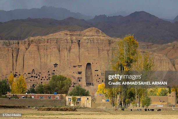 View shows the site where the Shahmama Buddha statue once stood before being destroyed by the Taliban in March 2001, in Bamiyan province on October...