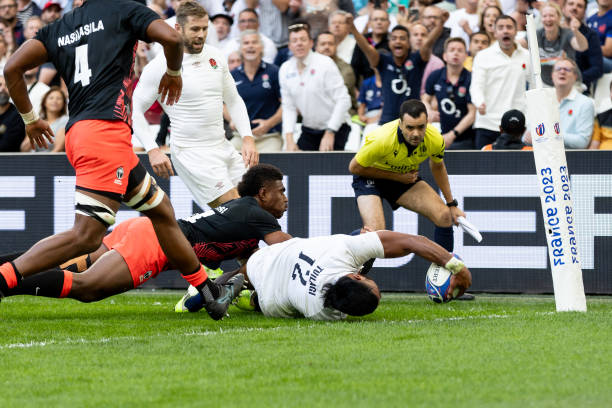 Manu Tuilagi of England scores a try during the Rugby World Cup France 2023 Quarter Final match between England and Fiji at Stade Velodrome on...