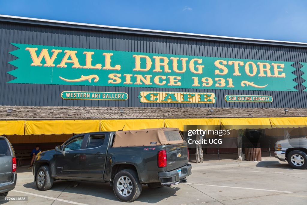 Storefront sign for historic Wall Drug Store in Wall, South Dakota, USA
