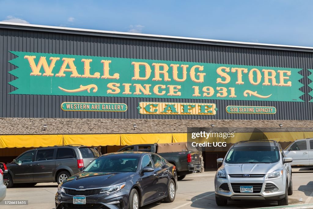Storefront sign for historic Wall Drug Store in Wall, South Dakota, USA
