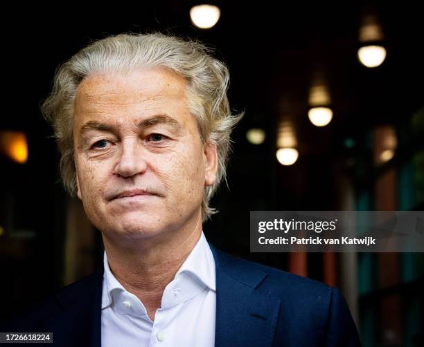 Geert Wilders from PVV Party stands outside the election council to deliver recommendation letters and an election list on October 9, 2023 in The...