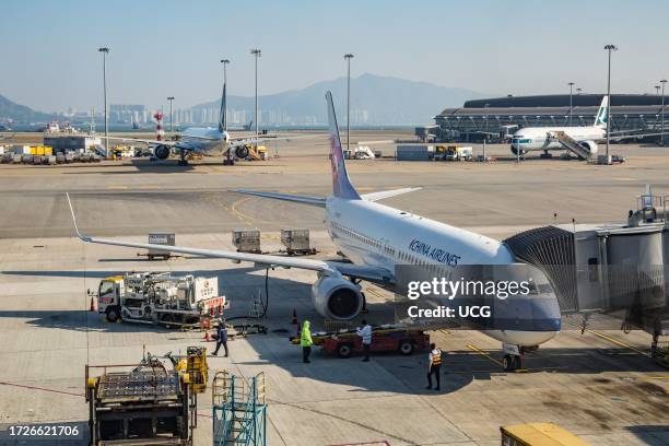 China Airlines jet on the tarmac at the Hong Kong International Airport in Hong Kong, China.