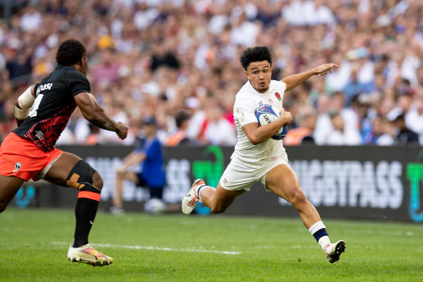 Marcus Smith of England in action during the Rugby World Cup France 2023 Quarter Final match between England and Fiji at Stade Velodrome on October...