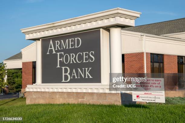 Leavenworth, Kansas. Armed Forces Bank is a full-service military bank also serving civilians. Sign offering a high interest rate on CD's.