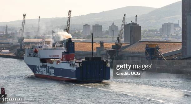 Belfast Harbor Northern Ireland UK, The roro cargo ferry Stena Scotia arriving from Heysham UK into Belfast Harbor.