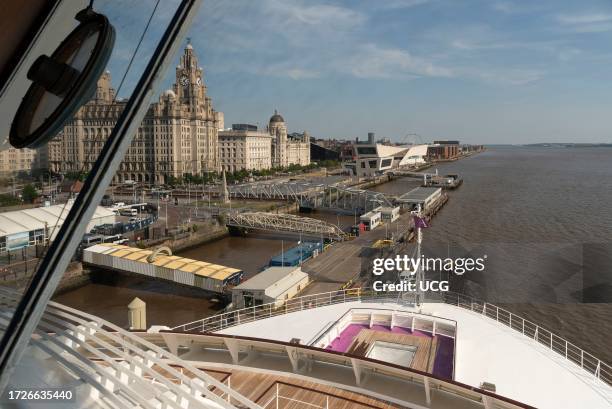 Liverpool, England, UK, View from the bridge of a cruise ship along the famous waterfront of Liverpool and the River Mersey.