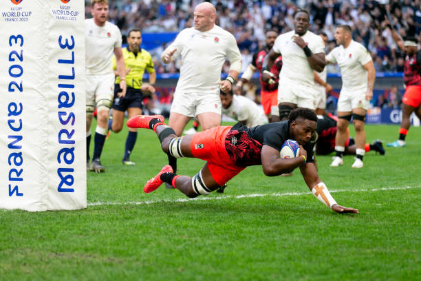 Viliame Mata of Fiji scores a try during the Rugby World Cup France 2023 Quarter Final match between England and Fiji at Stade Velodrome on October...