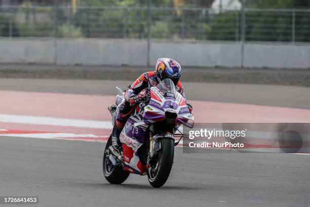 Spanish rider Jorge Martin of Prima Pramac Racing competes during the race of MotoGP Pertamina Grand Prix of Indonesia at Mandalika International...