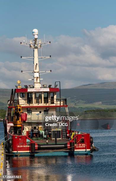 Tobermory, Isle of Mull, Scotland, UK, A triple screw marine support vessel alongside a berth in the port of Tobermory, Scotland, UK.
