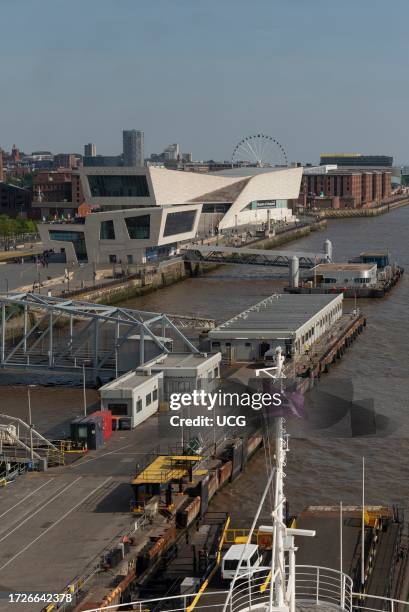 Liverpool, England, UK, View from bridge of a cruise ship. Liverpool waterfront buildings, Mersey ferries, Liverpool Museum and the Tate a brown...