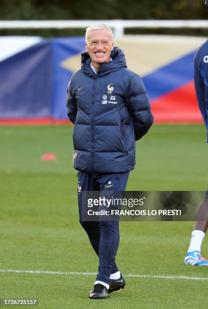 France's head coach Didier Deschamps leads a training session ahead of the national team's friendly football match against Scotland at the LOSC...