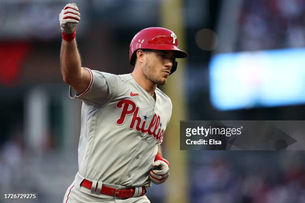 Realmuto of the Philadelphia Phillies celebrates after hitting a two-run home run in the third inning against the Atlanta Braves during Game Two of...