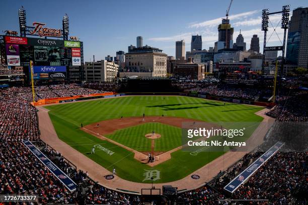 An overall view of Comerica Park during the game between the Cleveland Guardians and Detroit Tigers at Comerica Park on October 01, 2023 in Detroit,...