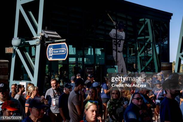 Fans walk past a decal featuring Miguel Cabrera of the Detroit Tigers during the game against the Cleveland Guardians at Comerica Park on October 01,...