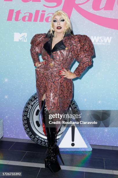 La Sheeva attends the photocall for the third season of MTv Drag Race Italy on October 09, 2023 in Milan, Italy.