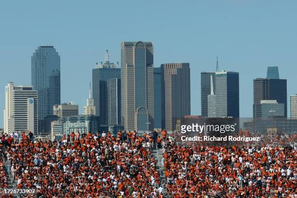 Part of the Dallas skyline is seen from behind the stands during the game between the Texas Longhorns and the Oklahoma Sooners at the Cotton Bowl on...