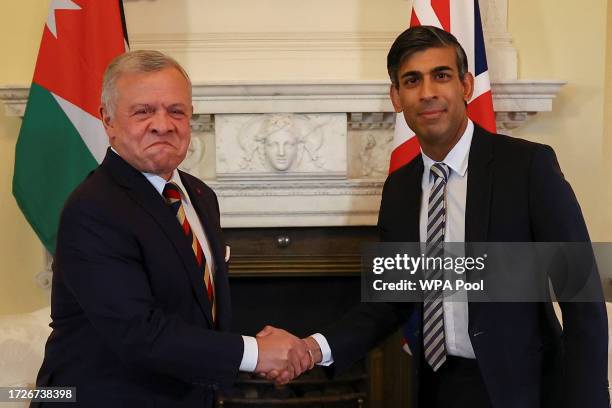 British Prime Minister Rishi Sunak meets Jordan's King Abdullah II at 10 Downing Street on October 15, 2023 in London, England.